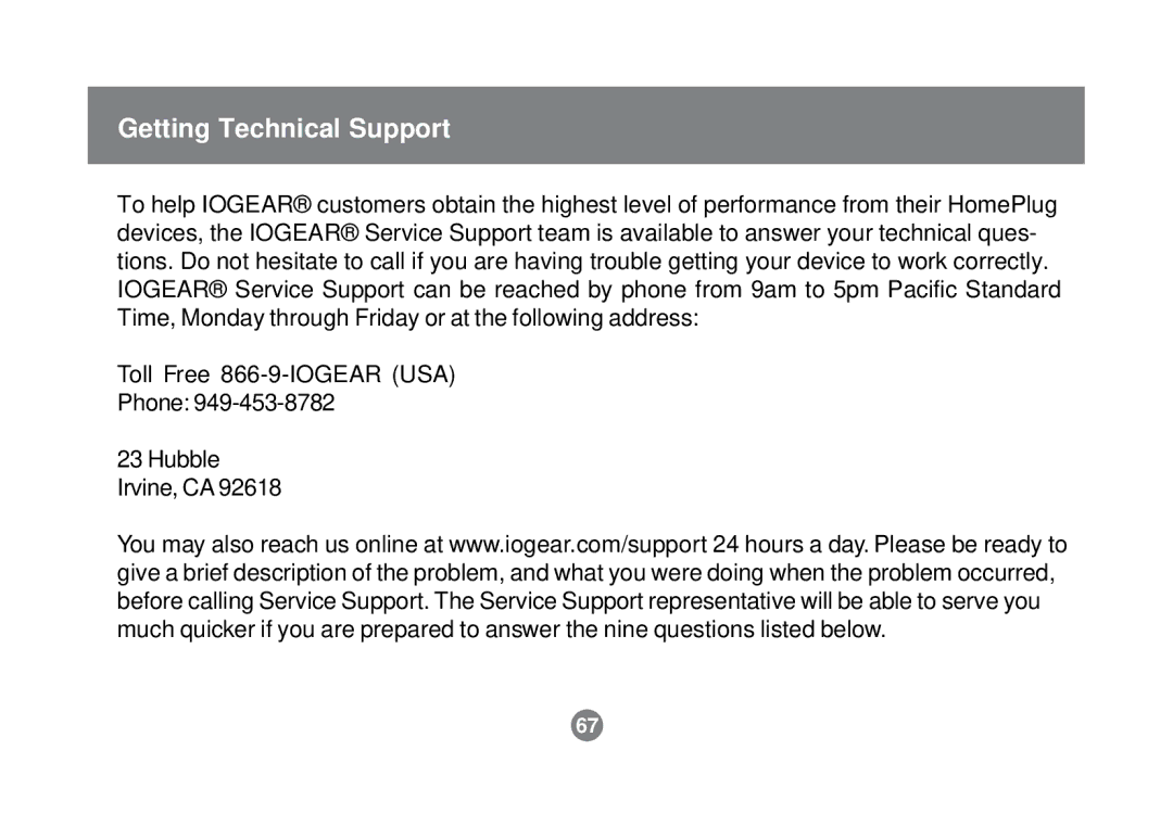 IOGear GHPB21 user manual Getting Technical Support 