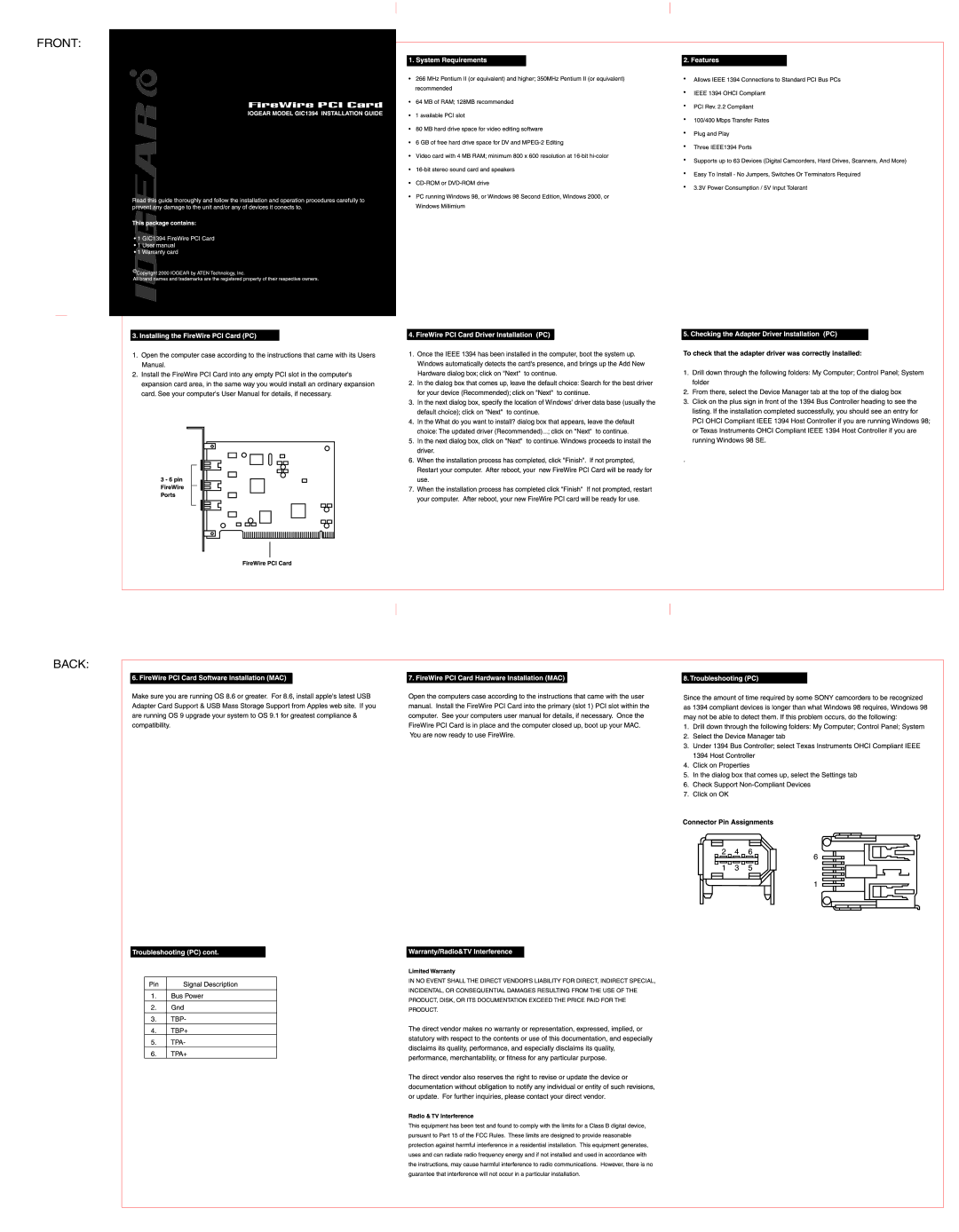 IOGear GIC1394 manual Iogear 