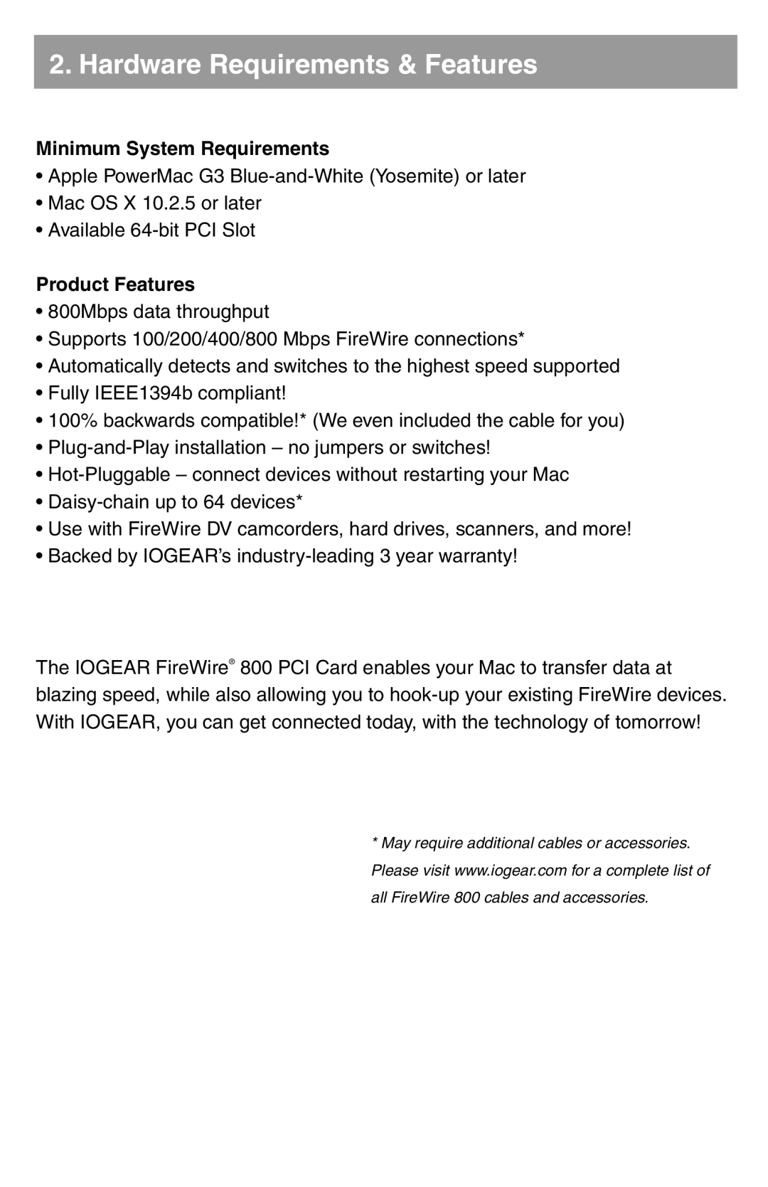 IOGear GIC3800 quick start Hardware Requirements & Features, Minimum System Requirements, Product Features 