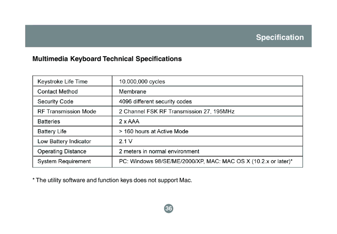 IOGear GKM521R user manual Multimedia Keyboard Technical Specifications 