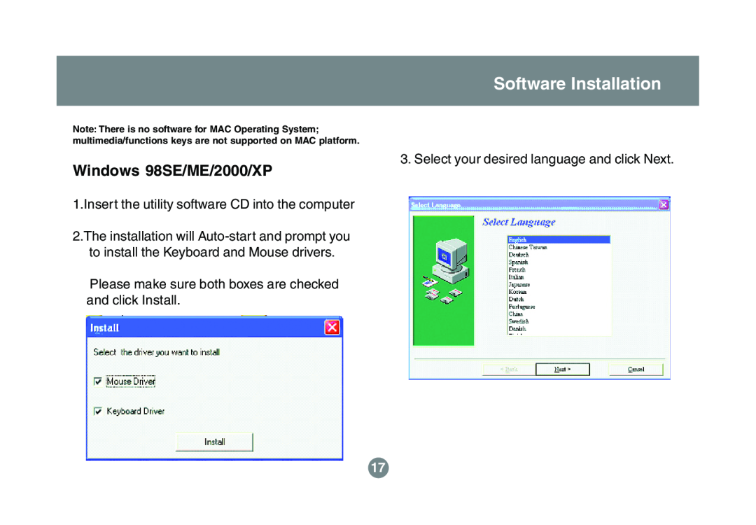IOGear GKM521R user manual Software Installation, Windows 98SE/ME/2000/XP 
