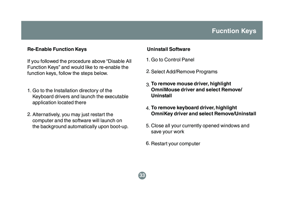 IOGear GKM521R user manual Fucntion Keys, Re-Enable Function Keys, Uninstall Software 