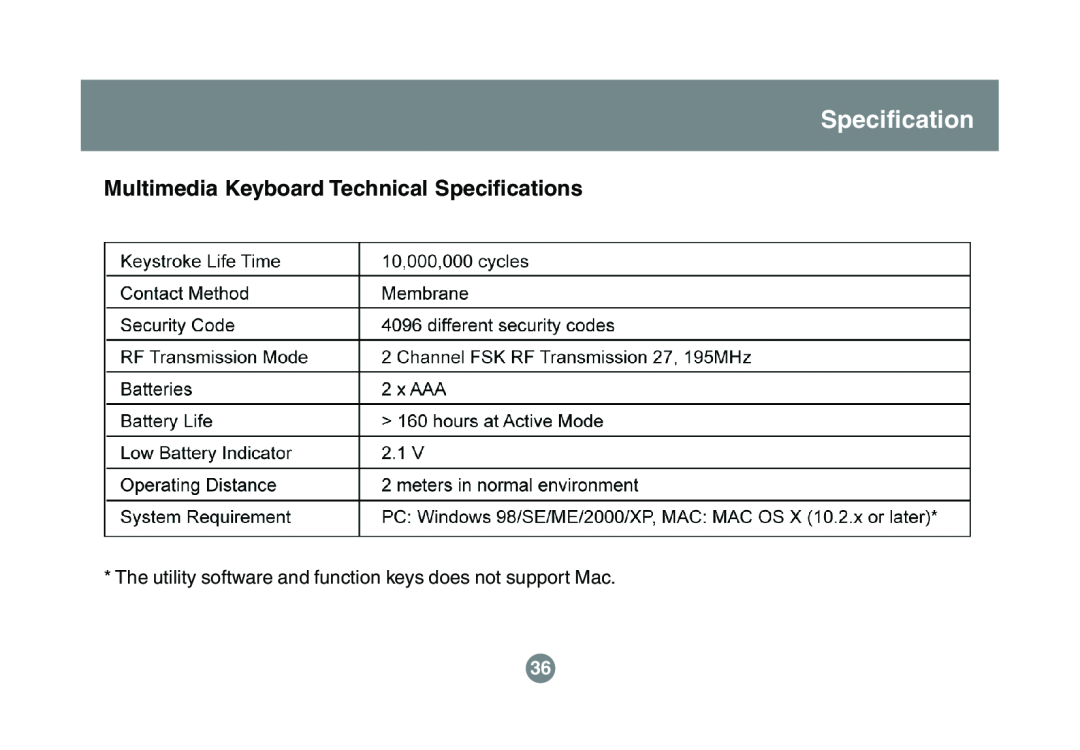 IOGear GKM521R Multimedia Keyboard Technical Specifications, The utility software and function keys does not support Mac 