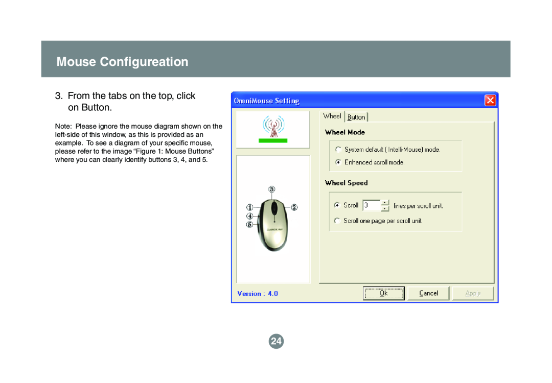 IOGear GKM541R user manual Mouse Configureation, From the tabs on the top, click on Button 