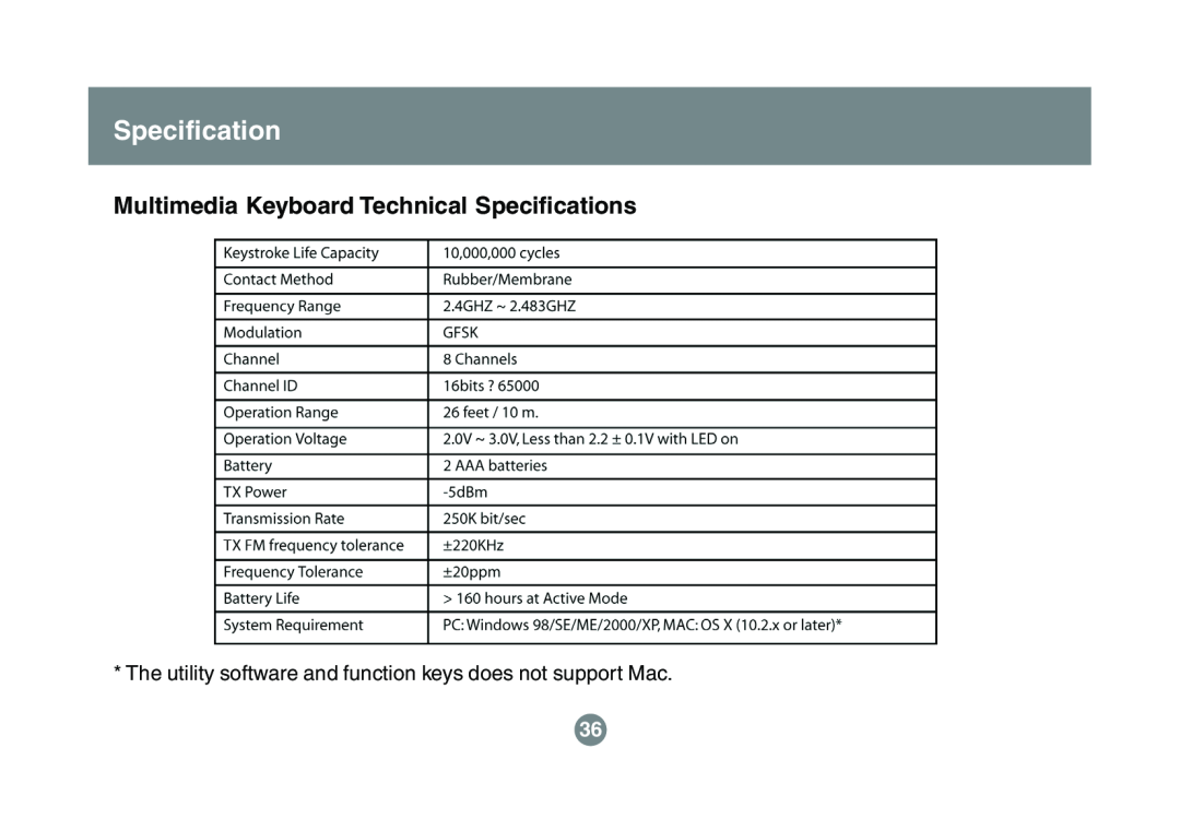 IOGear GKM541R Multimedia Keyboard Technical Specifications, The utility software and function keys does not support Mac 
