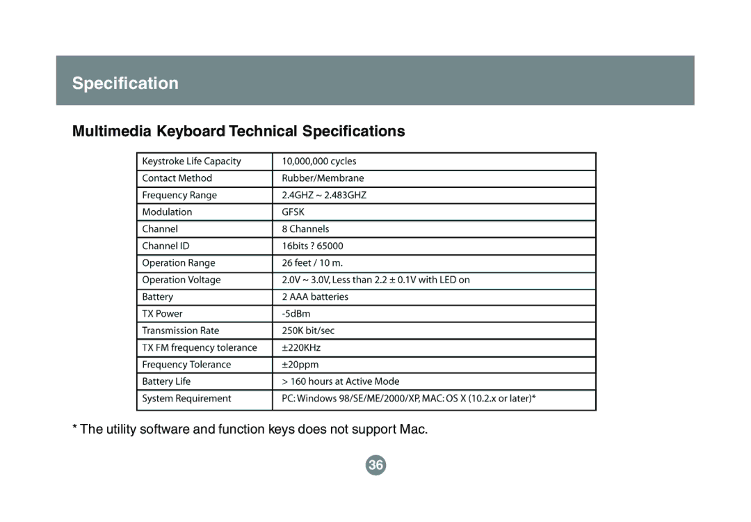 IOGear GKM541R user manual Multimedia Keyboard Technical Specifications 