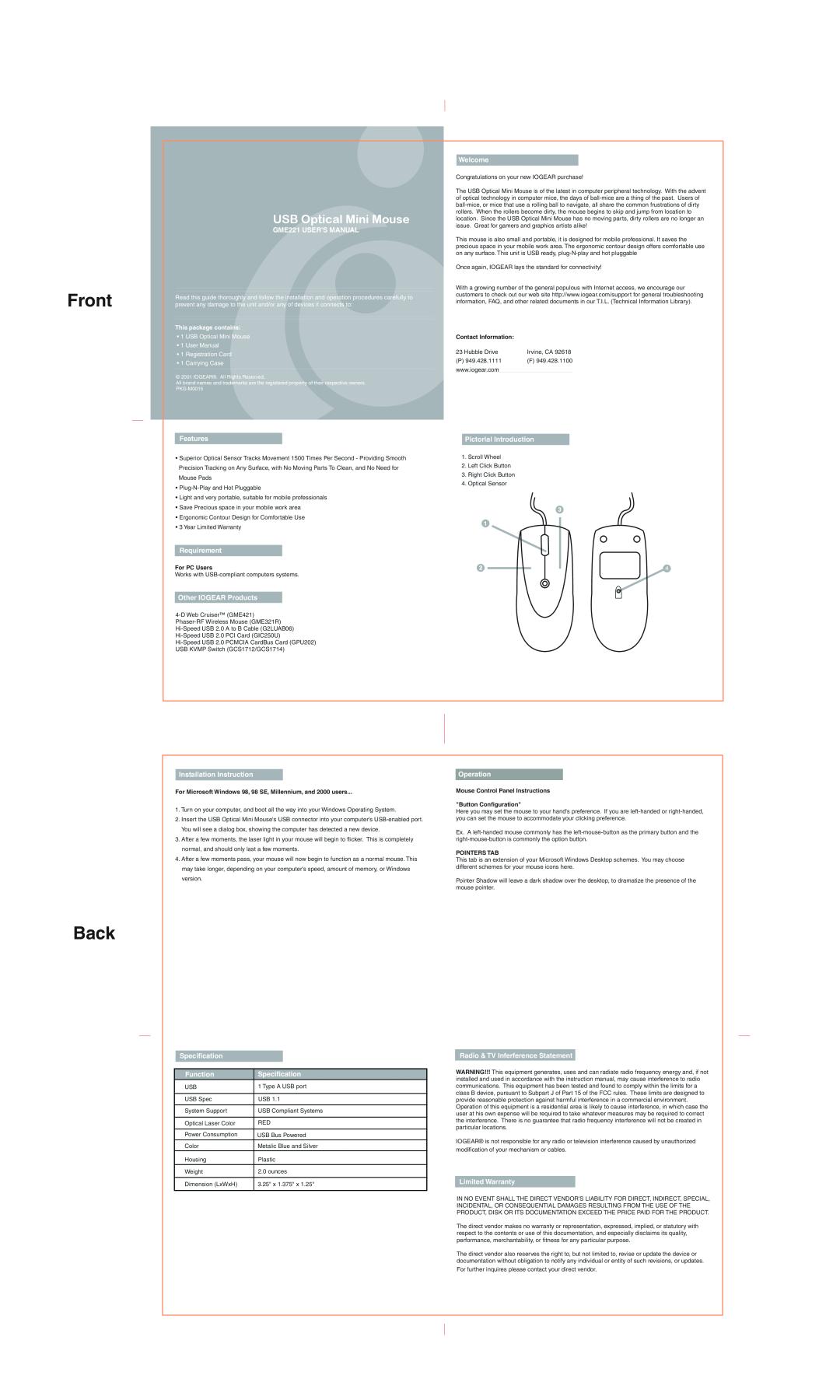 IOGear GME221 user manual Front, Back, USB Optical Mini Mouse 