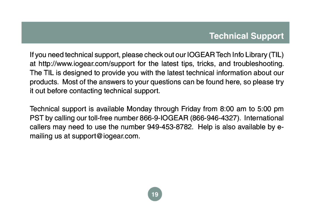 IOGear GME227R manual Technical Support 