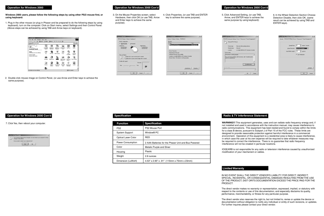 IOGear GME321R user manual Operation for Windows 2000 Cond Specification, Function Specification, Limited Warranty 