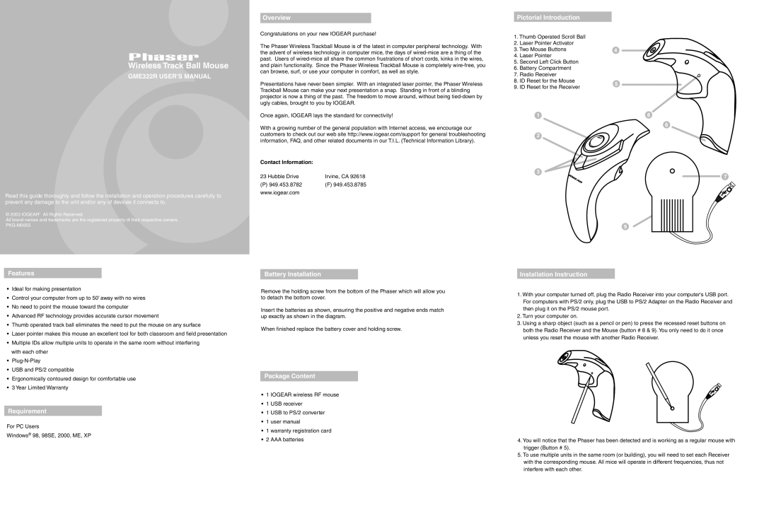 IOGear GME322R user manual Overview, Pictorial Introduction, Features, Requirement, Battery Installation, Package Content 