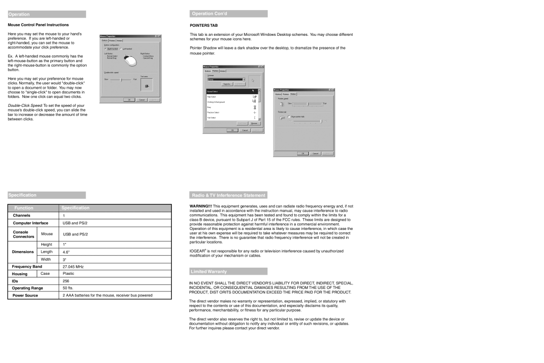 IOGear GME322R user manual Specification Function, Operation Cond, Radio & TV Inferference Statement, Limited Warranty 