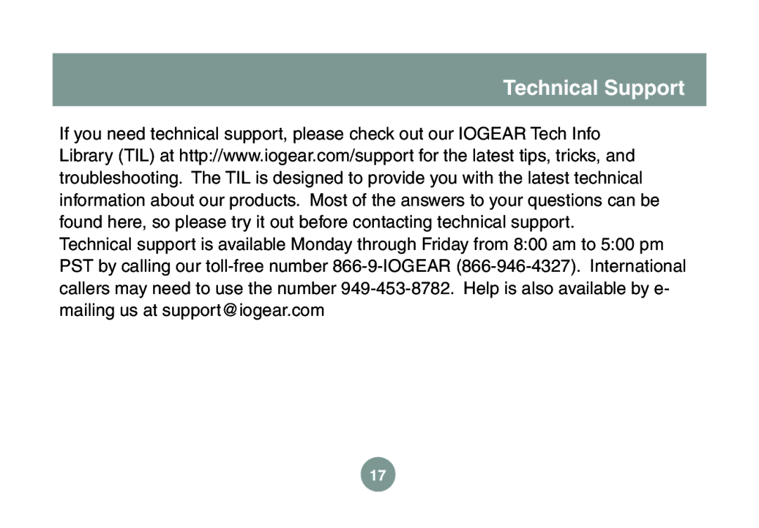 IOGear GMESKYP1 manual Technical Support 