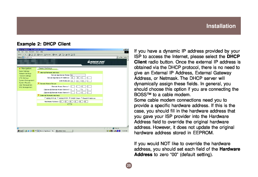 IOGear GNS1000 user manual Installation, Example 2 DHCP Client 