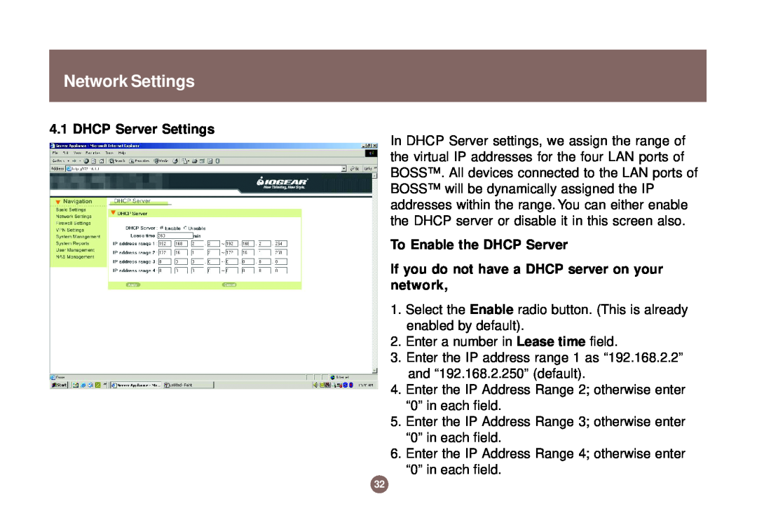 IOGear GNS1000 user manual Network Settings, DHCP Server Settings, To Enable the DHCP Server 