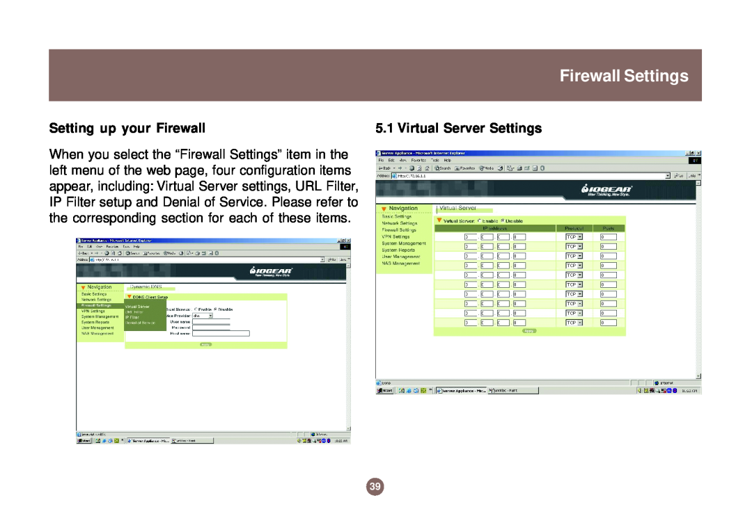 IOGear GNS1000 user manual Firewall Settings, Setting up your Firewall, Virtual Server Settings 