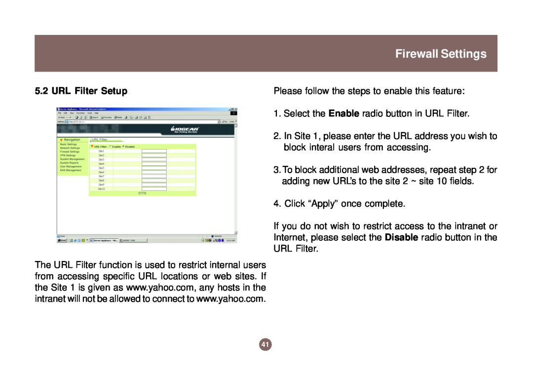 IOGear GNS1000 user manual Firewall Settings, URL Filter Setup 