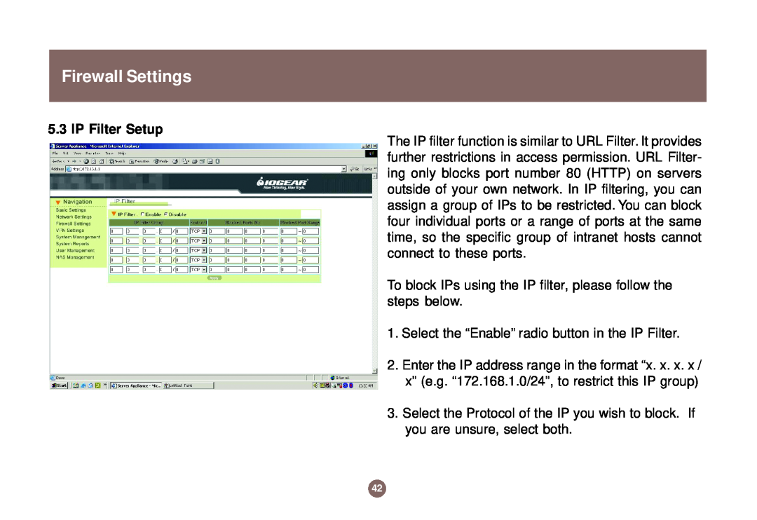 IOGear GNS1000 user manual Firewall Settings, IP Filter Setup 