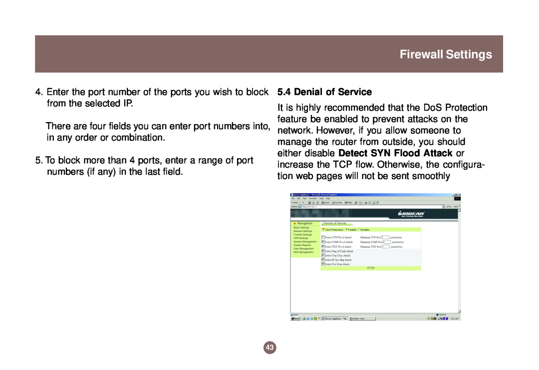IOGear GNS1000 user manual Firewall Settings, Denial of Service 