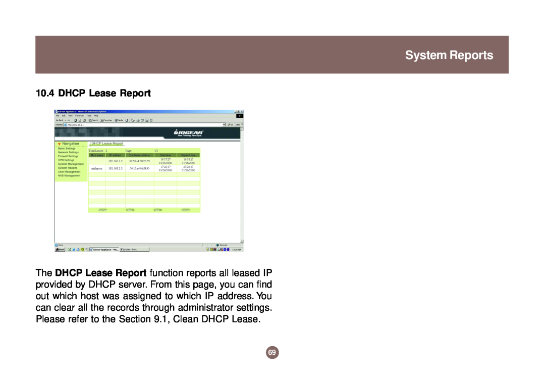 IOGear GNS1000 user manual System Reports, DHCP Lease Report 