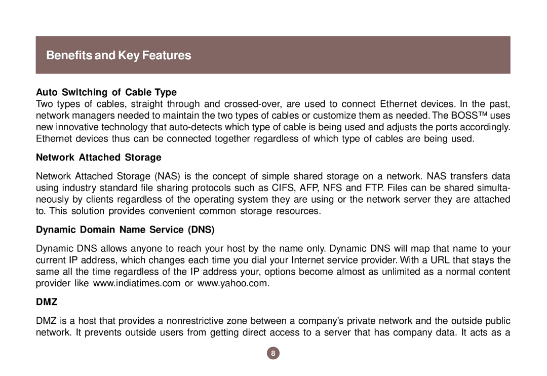 IOGear GNS1000 user manual Auto Switching of Cable Type, Network Attached Storage, Dynamic Domain Name Service DNS 