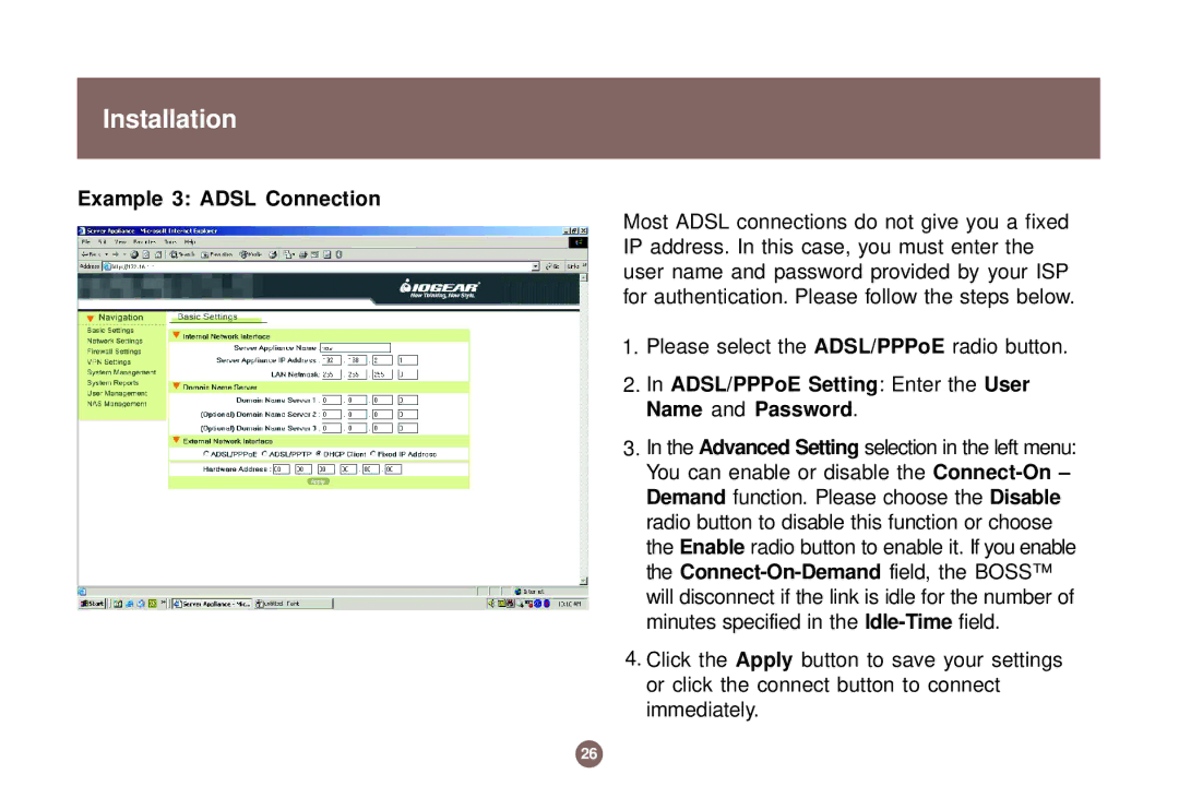 IOGear GNS1000 user manual Example 3 Adsl Connection, ADSL/PPPoE Setting Enter the User Name and Password 