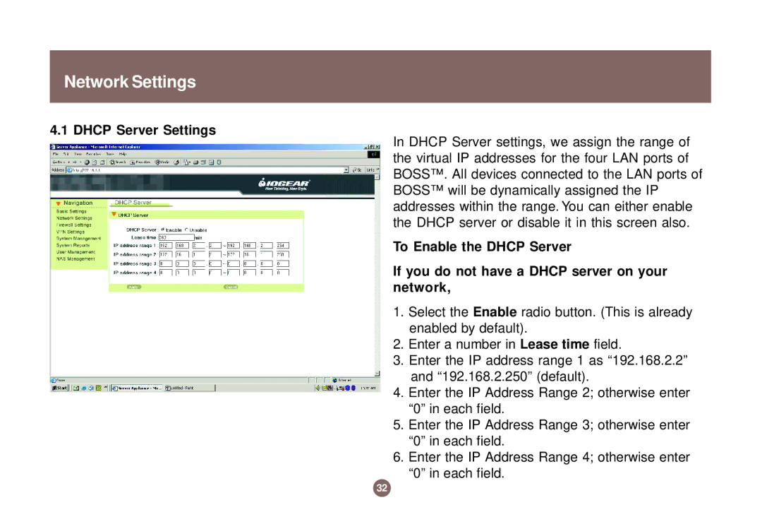 IOGear GNS1000 user manual Dhcp Server Settings 