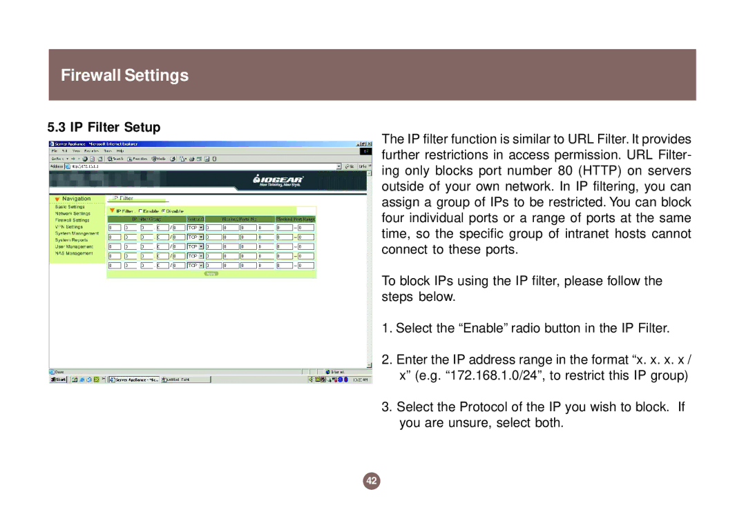 IOGear GNS1000 user manual IP Filter Setup 