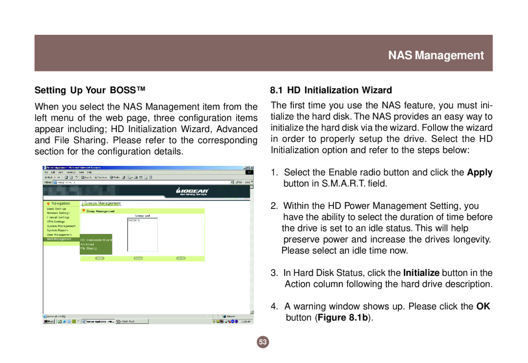 IOGear GNS1000 user manual NAS Management, Setting Up Your Boss, HD Initialization Wizard 