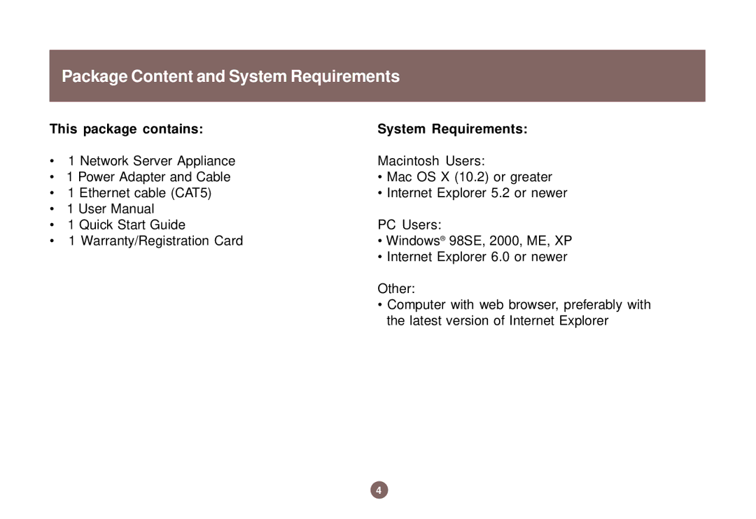 IOGear GNS1000 user manual Package Content and System Requirements, This package contains System Requirements 