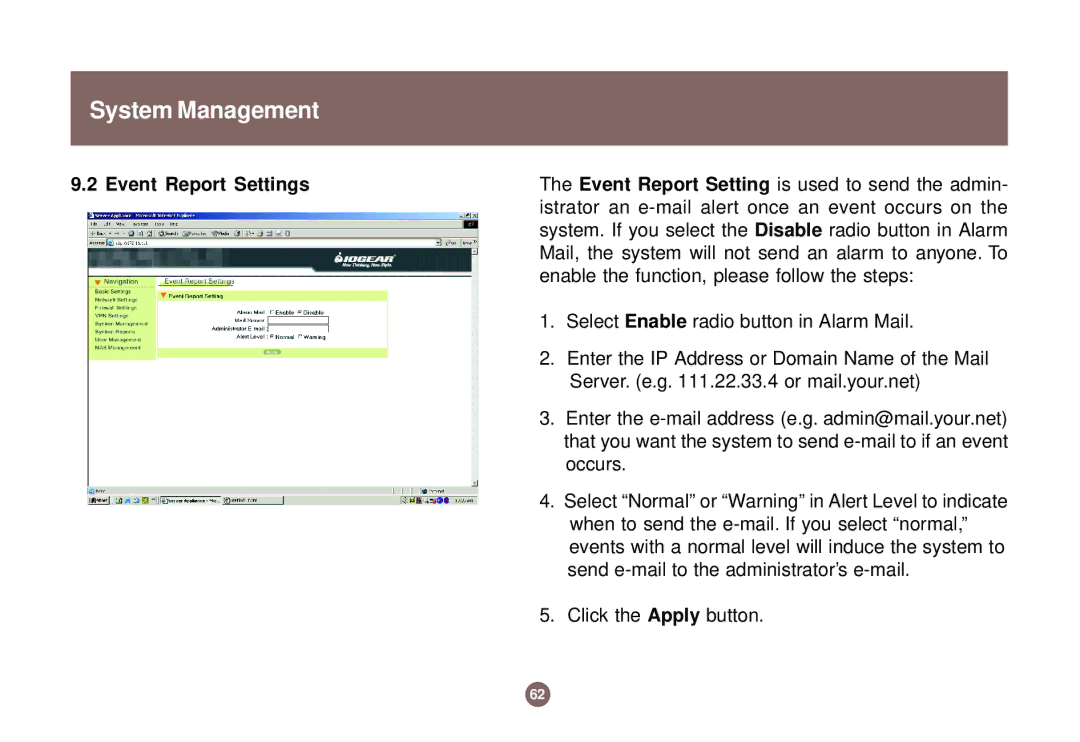 IOGear GNS1000 user manual Event Report Settings 