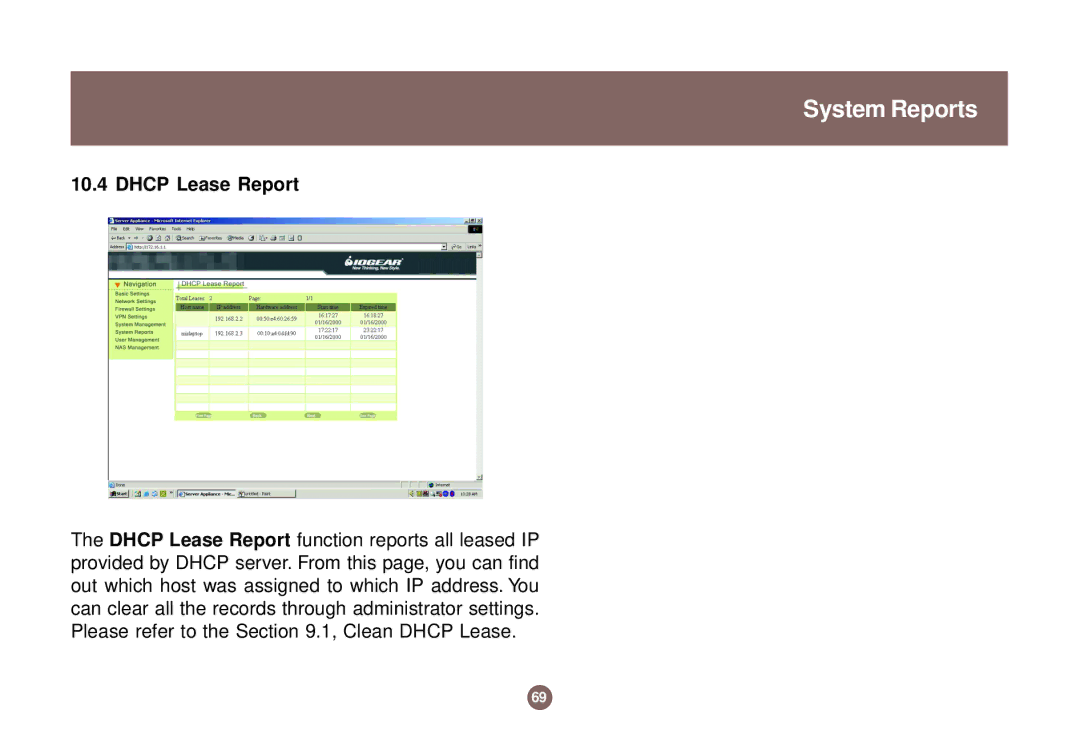 IOGear GNS1000 user manual Dhcp Lease Report 