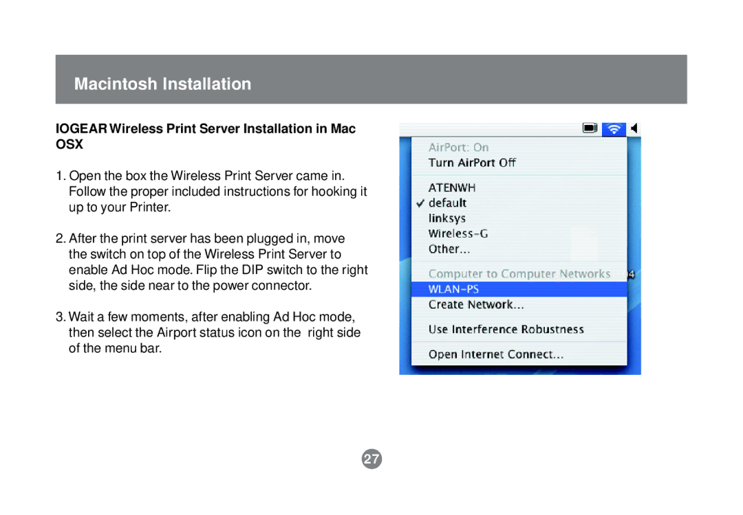 IOGear GPSR01U user manual Macintosh Installation, Iogear Wireless Print Server Installation in Mac 