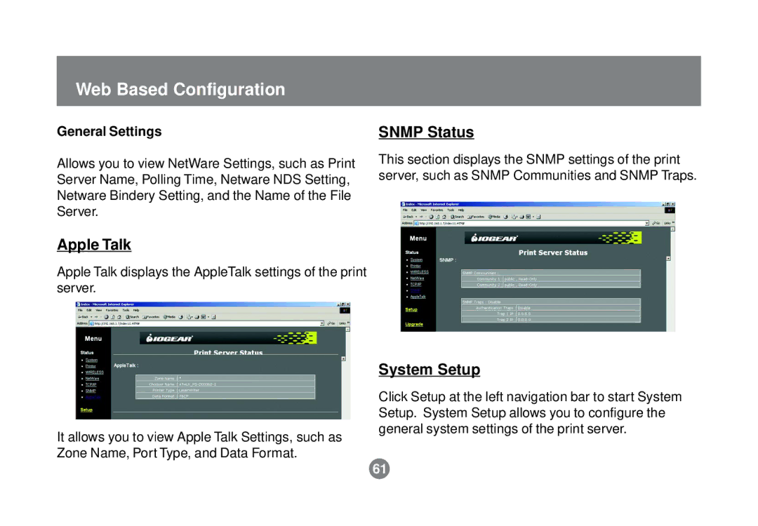 IOGear GPSR01U user manual Apple Talk, Snmp Status, System Setup, General Settings 