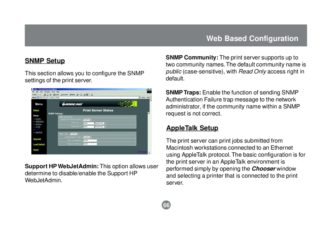 IOGear GPSR01U user manual Snmp Setup, AppleTalk Setup 