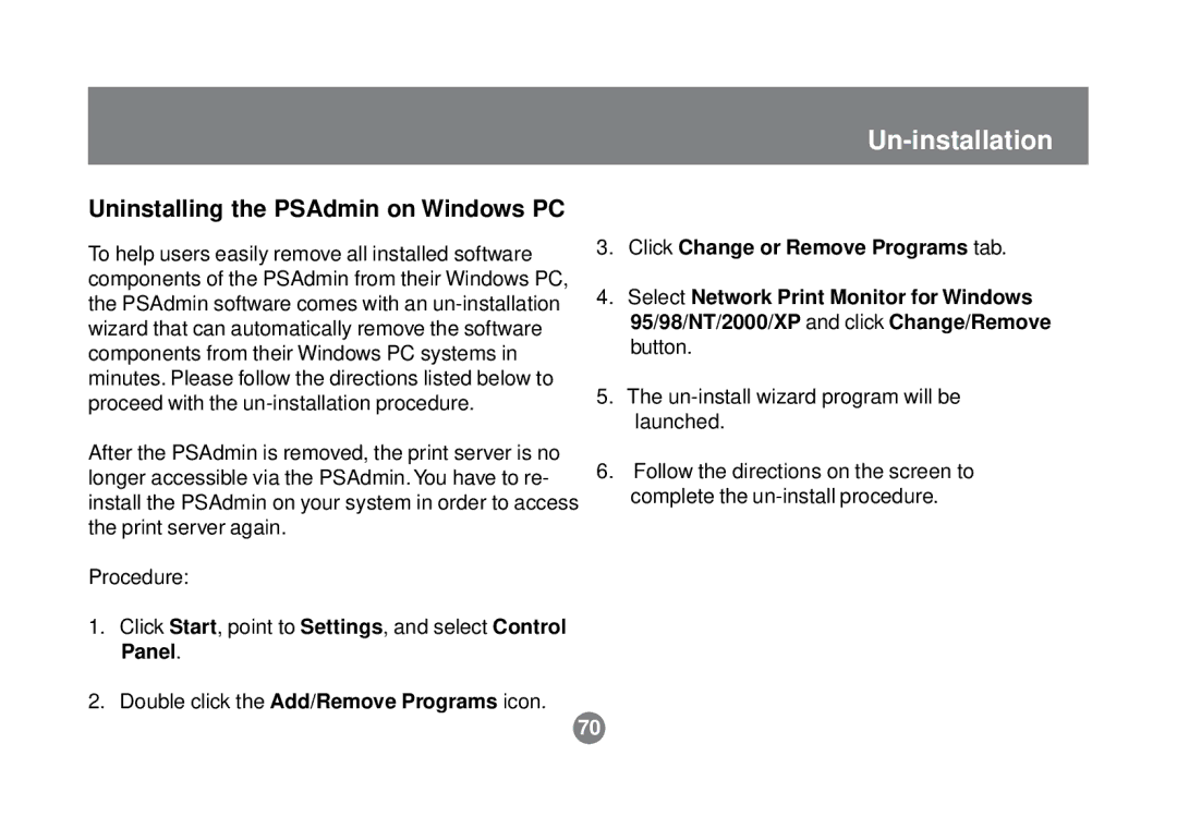 IOGear GPSR01U user manual Un-installation, Uninstalling the PSAdmin on Windows PC 