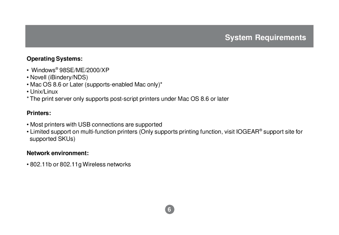 IOGear GPSR01U user manual System Requirements, Operating Systems, Printers, Network environment 