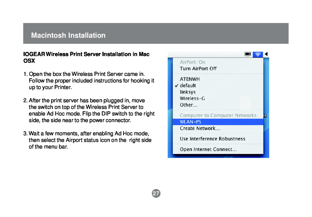 IOGear GPSR01U user manual Macintosh Installation, IOGEAR Wireless Print Server Installation in Mac OSX 