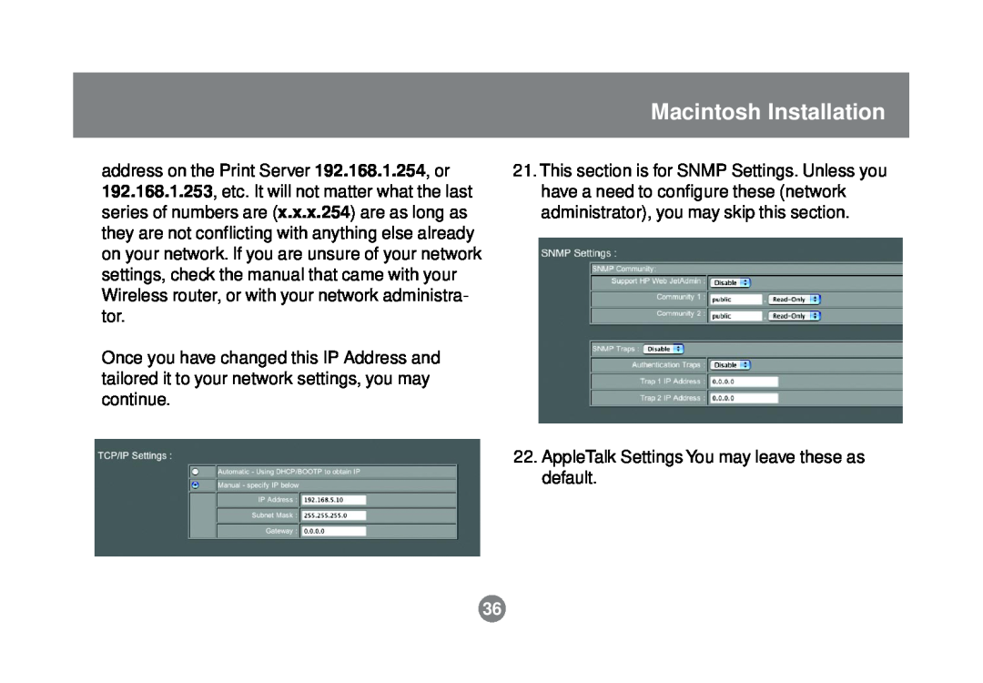 IOGear GPSR01U user manual Macintosh Installation, AppleTalk Settings You may leave these as default 