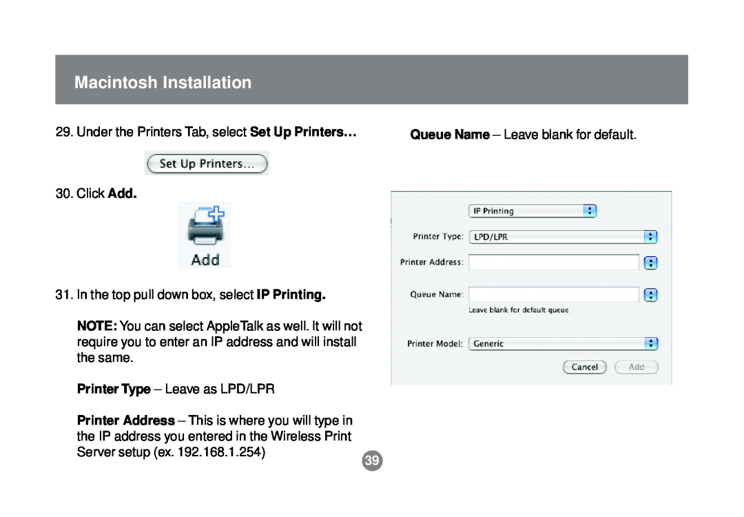 IOGear GPSR01U user manual Macintosh Installation, Queue Name - Leave blank for default 