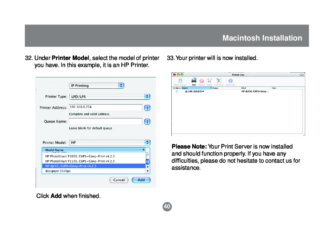 IOGear GPSR01U user manual Macintosh Installation, Click Add when finished, Your printer will is now installed 