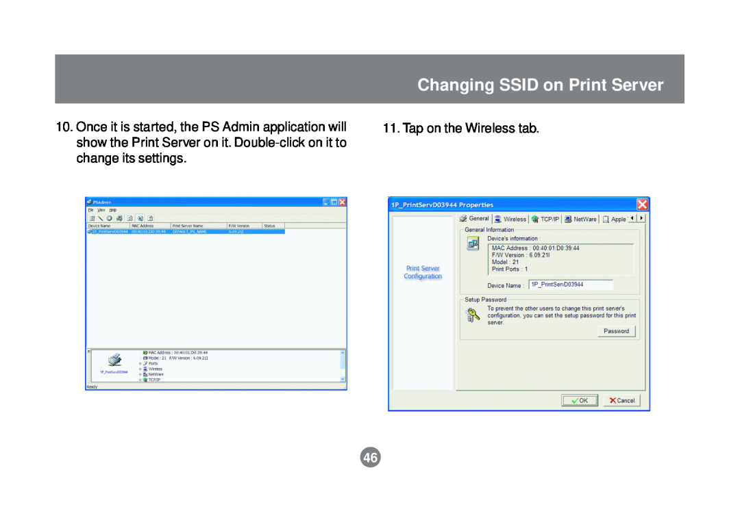IOGear GPSR01U user manual Changing SSID on Print Server, Tap on the Wireless tab 
