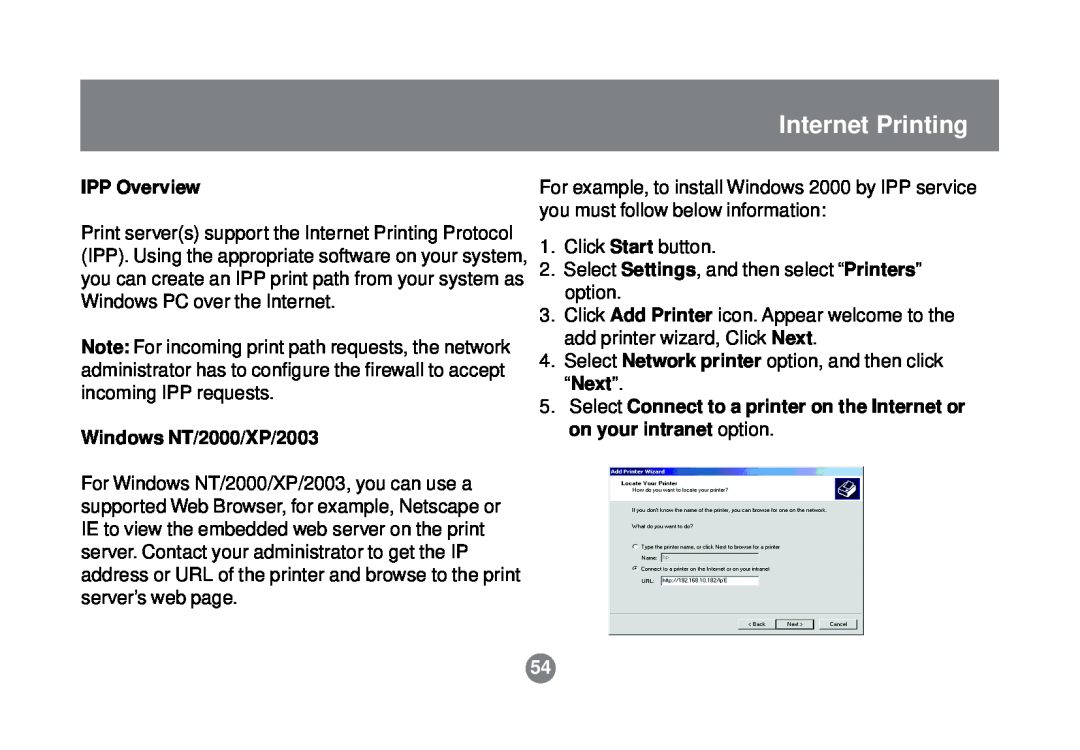 IOGear GPSR01U user manual Internet Printing, IPP Overview, Windows NT/2000/XP/2003 