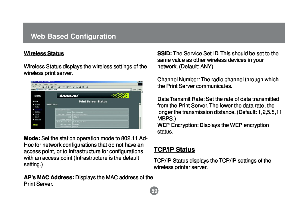 IOGear GPSR01U user manual TCP/IP Status, Web Based Configuration, Wireless Status 