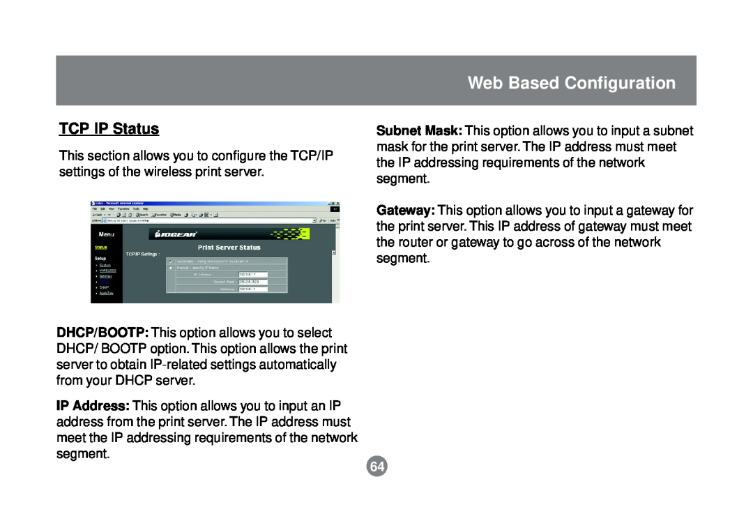IOGear GPSR01U user manual TCP IP Status, Web Based Configuration 