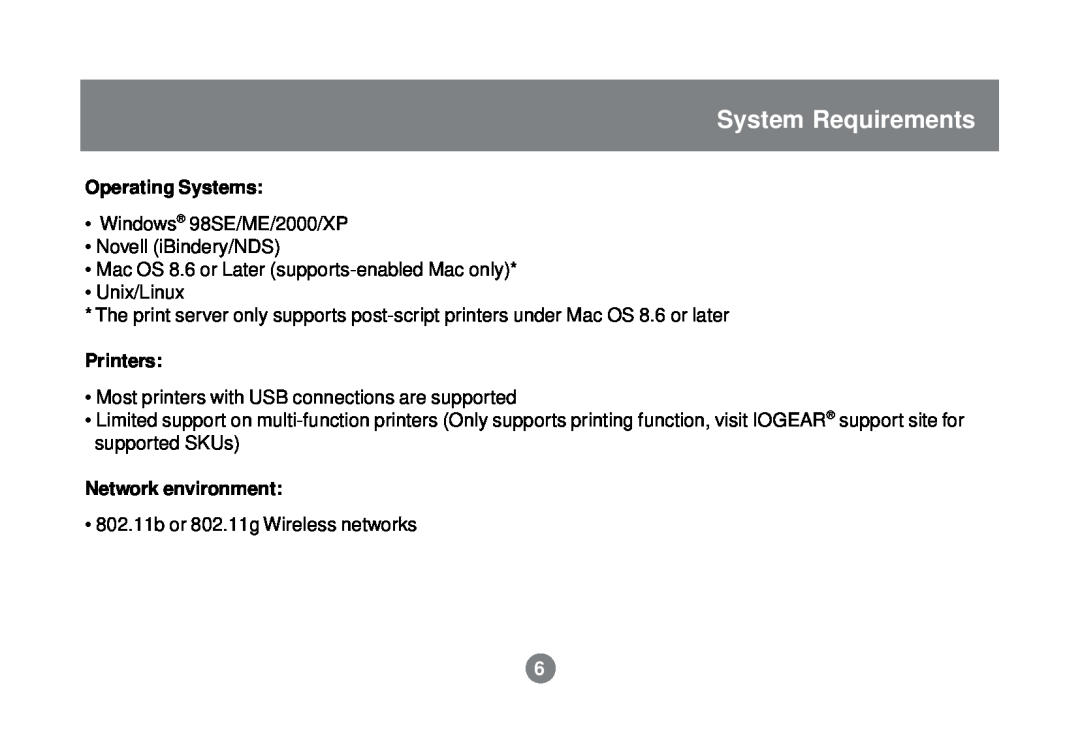 IOGear GPSR01U user manual System Requirements, Operating Systems, Printers, Network environment 
