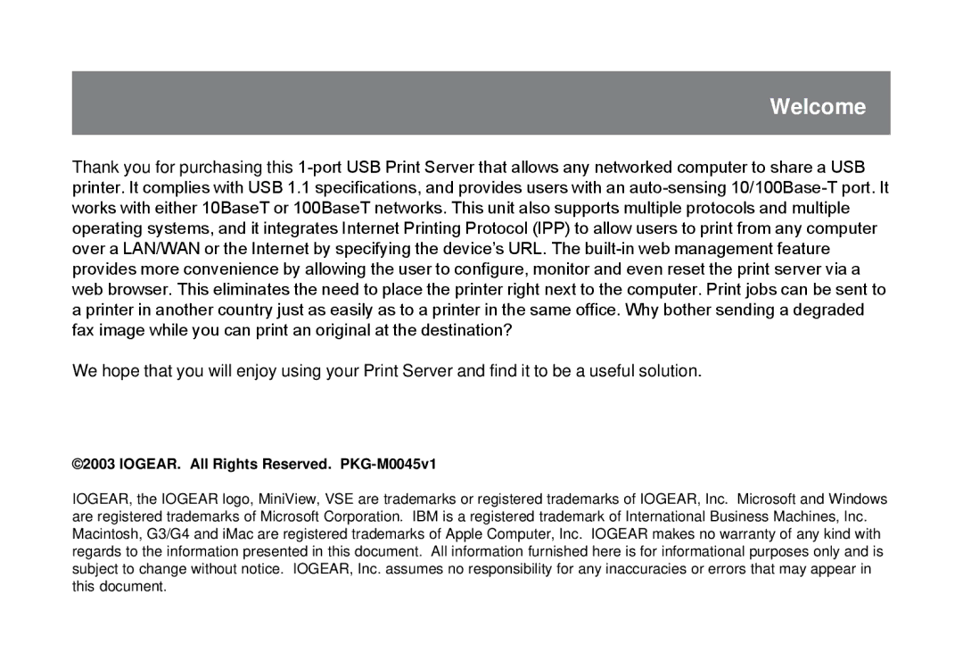 IOGear GPSU01 user manual Welcome, IOGEAR. All Rights Reserved. PKG-M0045v1 