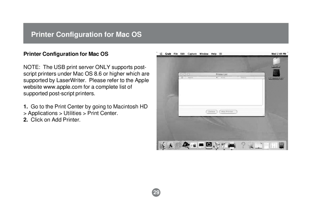 IOGear GPSU01 user manual Printer Configuration for Mac OS 