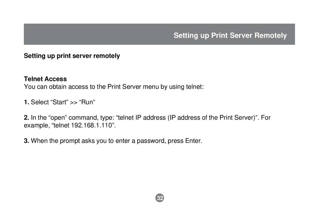 IOGear GPSU01 user manual Setting up Print Server Remotely, Setting up print server remotely Telnet Access 