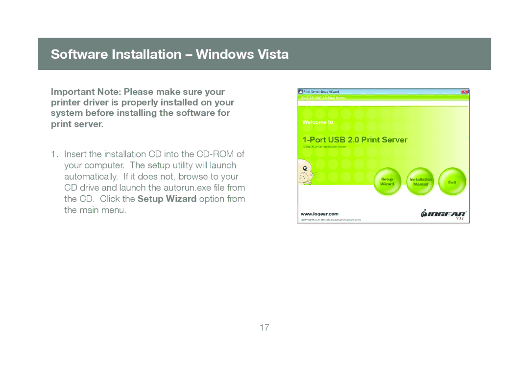 IOGear GPSU21 manual Software Installation Windows Vista 