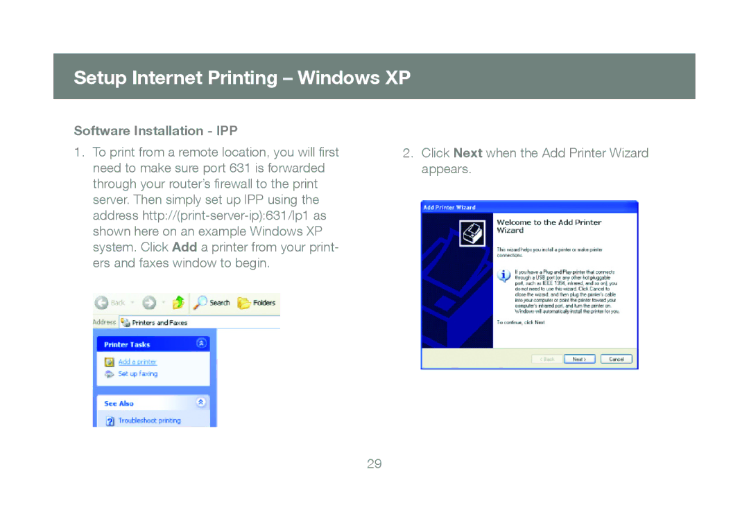 IOGear GPSU21 manual Setup Internet Printing Windows XP, Software Installation IPP 